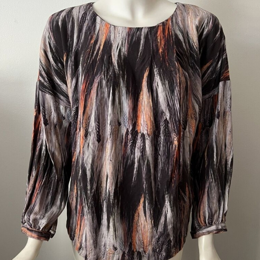 Marimekko Blouse Size Small Feathers Orange Brown Long Sleeve Art To Wear